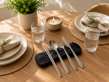 Load image into Gallery viewer, 4 Piece Stainless Steel (Knife, Fork, Spoon, Chopsticks) Lightweight, Travel / Camping Cutlery Set with Neoprene Case