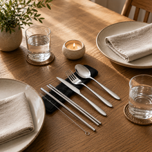 Load image into Gallery viewer, 6 Piece Stainless Steel (Knife, Fork, Spoon, Chopstick Pair, Straw and Wire Brush) Lightweight, Travel / Camping Cutlery Set with Neoprene Case