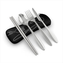 Load image into Gallery viewer, 4 Piece Stainless Steel (Knife, Fork, Spoon, Chopsticks) Lightweight, Travel / Camping Cutlery Set with Neoprene Case