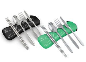 4 Piece Stainless Steel (Knife, Fork, Spoon, Chopsticks) Lightweight, Travel / Camping Cutlery Set with Neoprene Case