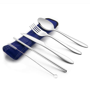5 Piece Stainless Steel (Knife, Fork, Spoon, Straw and Wire Brush) Lightweight, Travel / Camping Cutlery Set with Neoprene Case