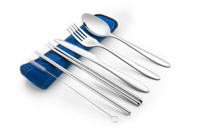 6 Piece Stainless Steel (Knife, Fork, Spoon, Chopstick Pair, Straw and Wire Brush) Lightweight, Travel / Camping Cutlery Set with Neoprene Case