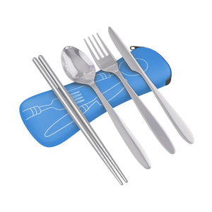4 Piece Stainless Steel (Knife, Fork, Spoon, Chopsticks) Lightweight, Travel / Camping Cutlery Set with Neoprene Case