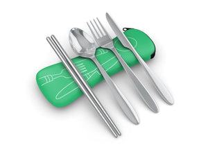 Utensils - 4 Piece Stainless Steel (Knife, Fork, Spoon, Chopsticks) Lightweight, Travel / Camping Cutlery Set With Neoprene Case